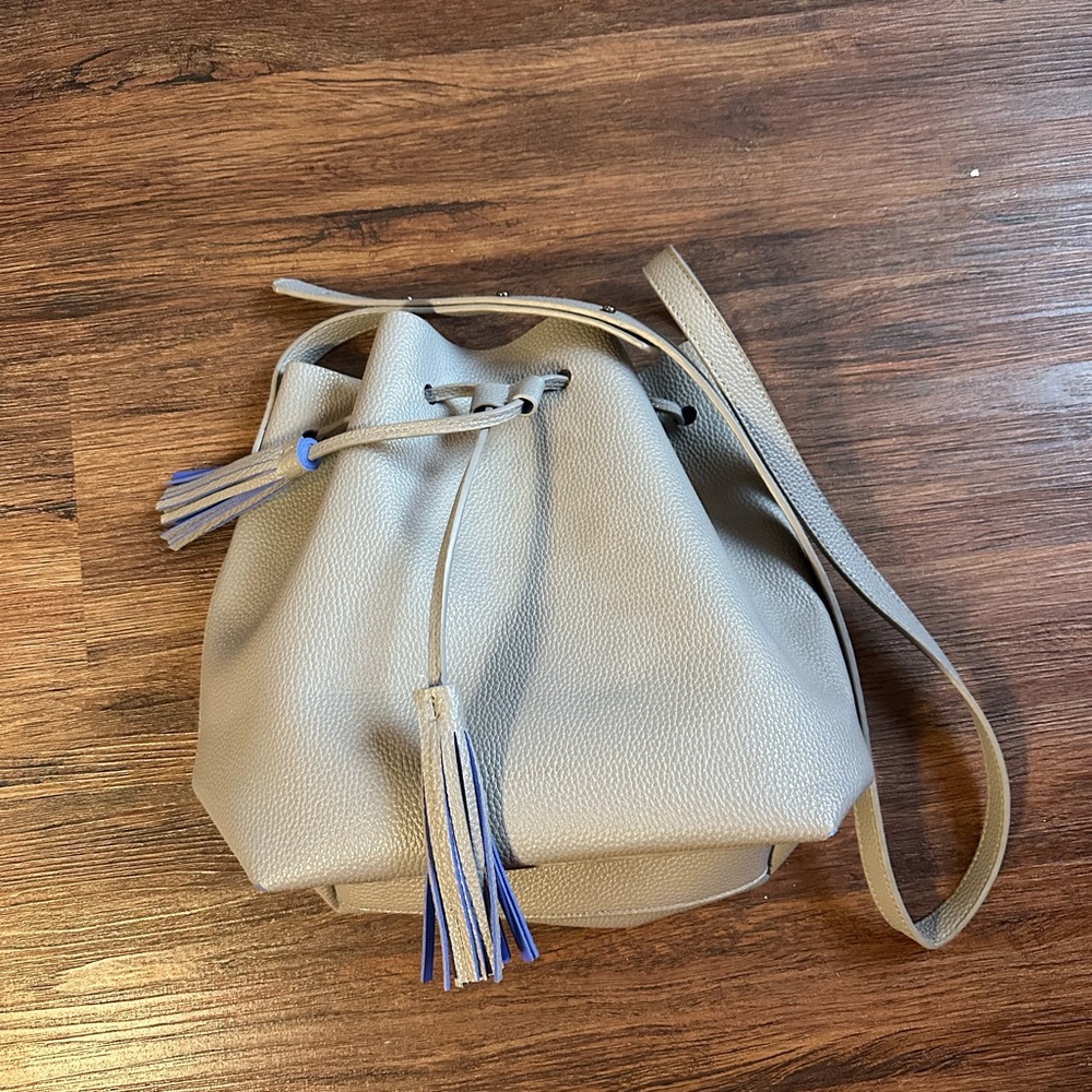Pixie Mood Bucket Purse Bag + Wristlet with Tassels Faux Pebbled Leather Grey